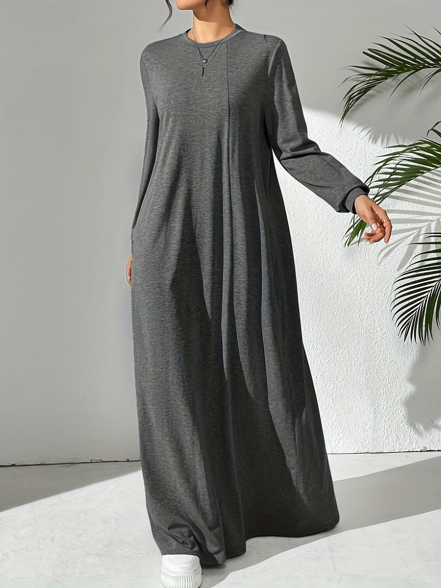 Women'S Casual Solid Color Arabian Style Dress, Spring/Autumn Season, Easy Long Sleeve Dress, Perfect for Beach/Casual/Vacation/Home Wear/Daily Wear - Graphite Color