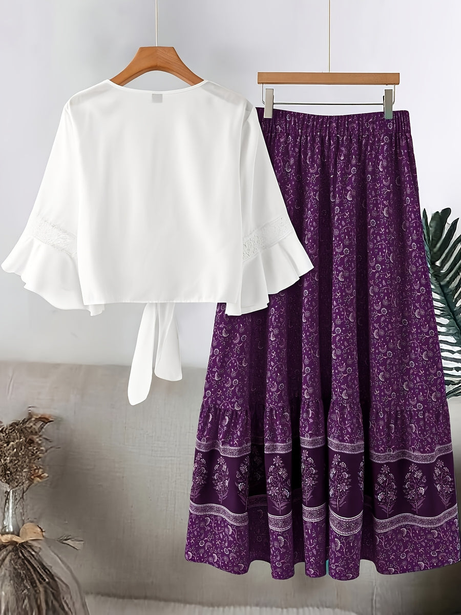 Plus Size Women'S Lace Trim Fashion Set, Suitable for Spring/Summer Vacation Casual All-Match Two-Piece Outfit - Purple