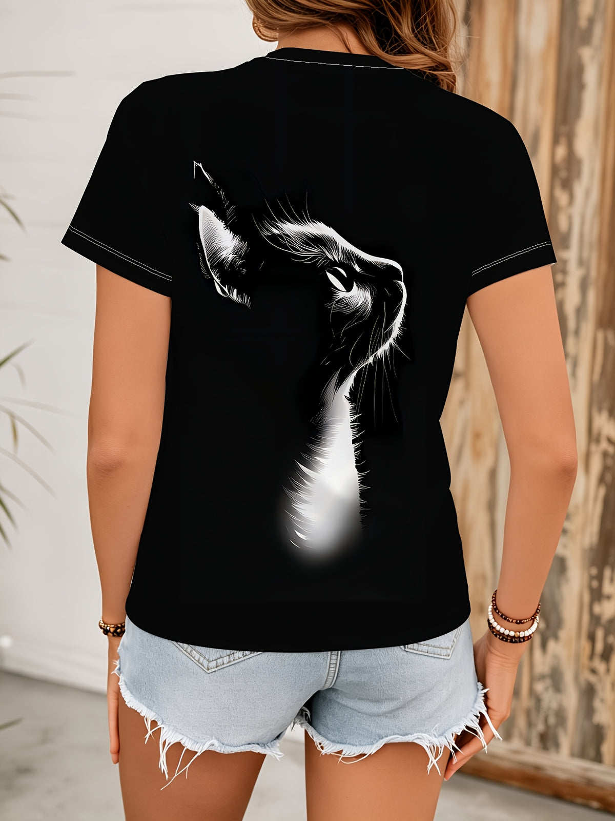 Women's Black Cat Pattern Round Neck Short Sleeve T-Shirt, Casual Short Sleeve Top, Cat Lover Graphic Tee, Summer Streetwear - Mixed colors