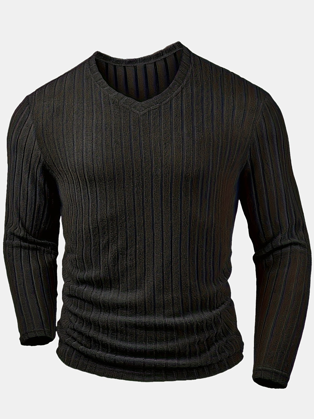 [Villa Le Water OBM] Men'S Trendy Fashion Sports V-Neck Sweatshirt, Comfortable Skin-Friendly Ribbed Texture Pattern, Casual Basic Men'S Clothing for Outings, Autumn Essentials - Black