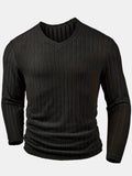 [Villa Le Water OBM] Men'S Trendy Fashion Sports V-Neck Sweatshirt, Comfortable Skin-Friendly Ribbed Texture Pattern, Casual Basic Men'S Clothing for Outings, Autumn Essentials - Black
