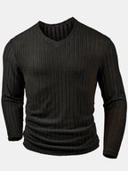 [Villa Le Water OBM] Men'S Trendy Fashion Sports V-Neck Sweatshirt, Comfortable Skin-Friendly Ribbed Texture Pattern, Casual Basic Men'S Clothing for Outings, Autumn Essentials - Black