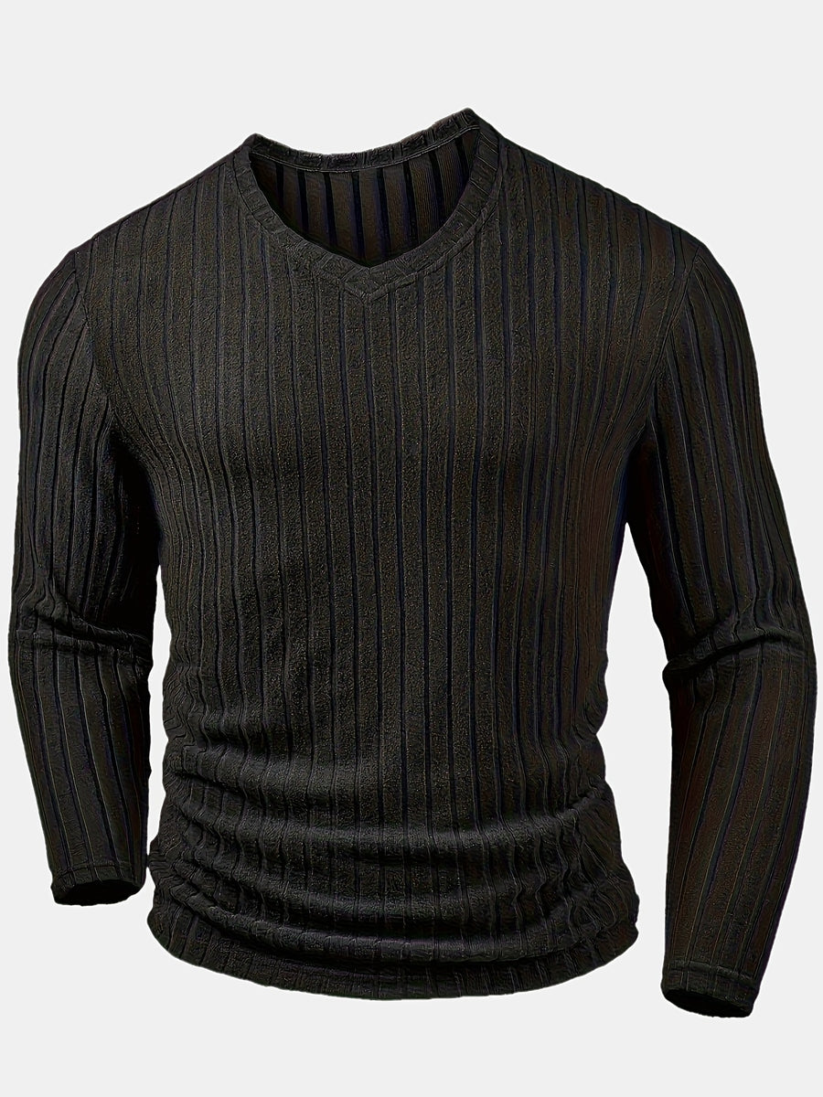 [Villa Le Water OBM] Men'S Trendy Fashion Sports V-Neck Sweatshirt, Comfortable Skin-Friendly Ribbed Texture Pattern, Casual Basic Men'S Clothing for Outings, Autumn Essentials - Black