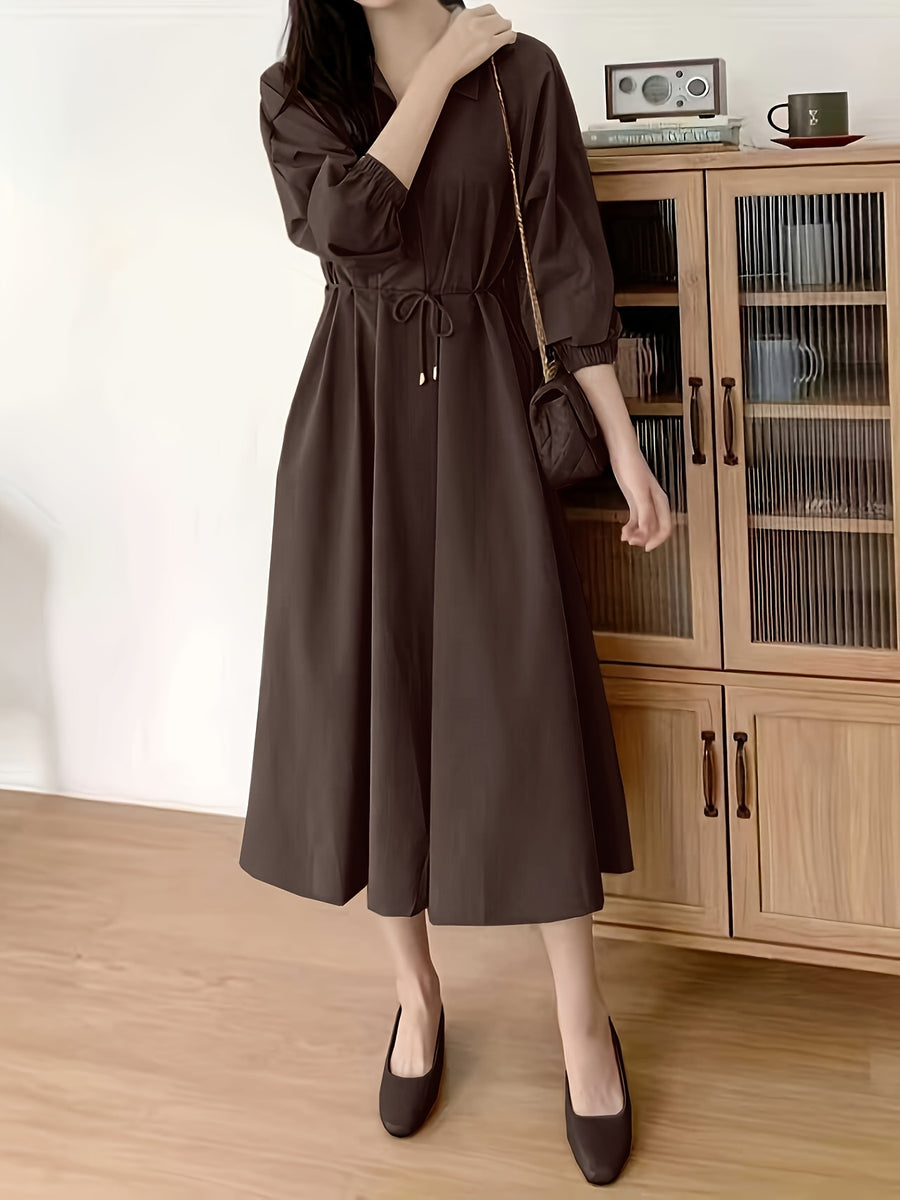 Lapel Tie Dress - Coffee Brown