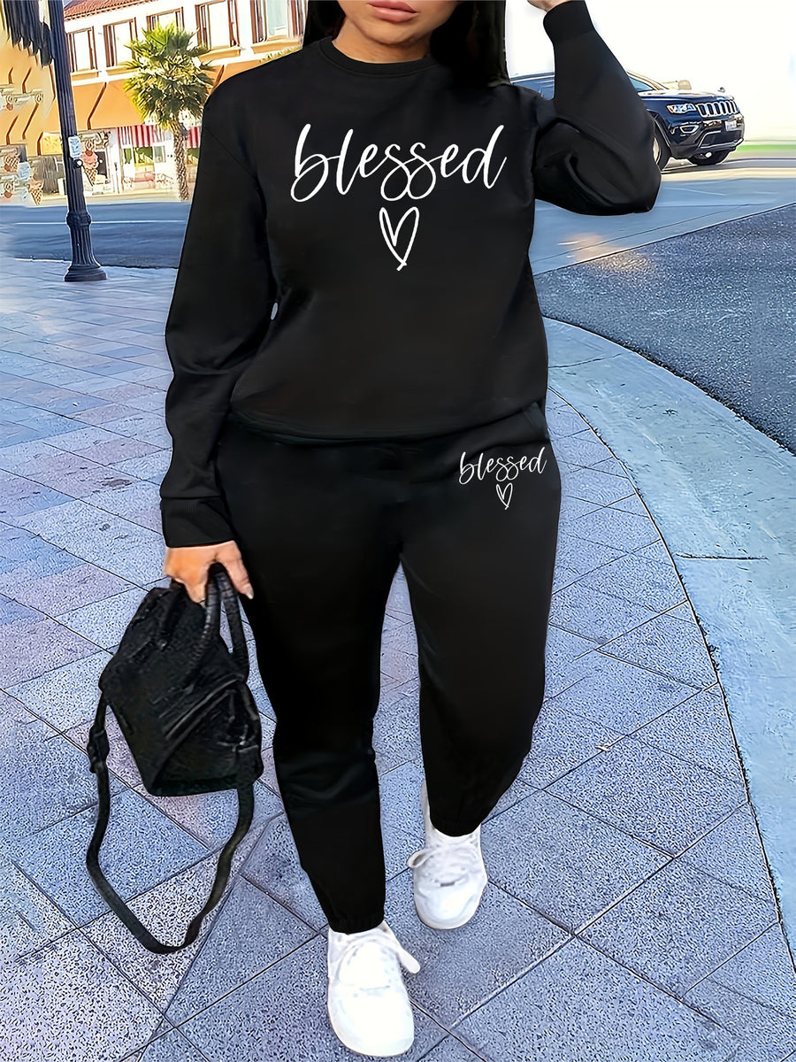 Graphic Print 2pcs Set, Crew Neck Sweatshirt & Pants, Women's Clothing - Black