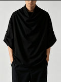 Men's Streetwear Tee Tops, Cowl Neck, Half Sleeve, Solid Color, Loose Fit, Street Hippy, Lightweight Leisure T-shirt, Center Back Length - Black