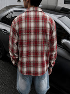 Men'S Vintage Plaid Long Sleeve Shirt, Loose Casual Button-Up Jacket Style Overshirt, Japanese Trendy Brand Lapel Checkered Shirt, Suitable for Outdoor Daily Wear in Spring, Autumn, And Winter - Burgundy