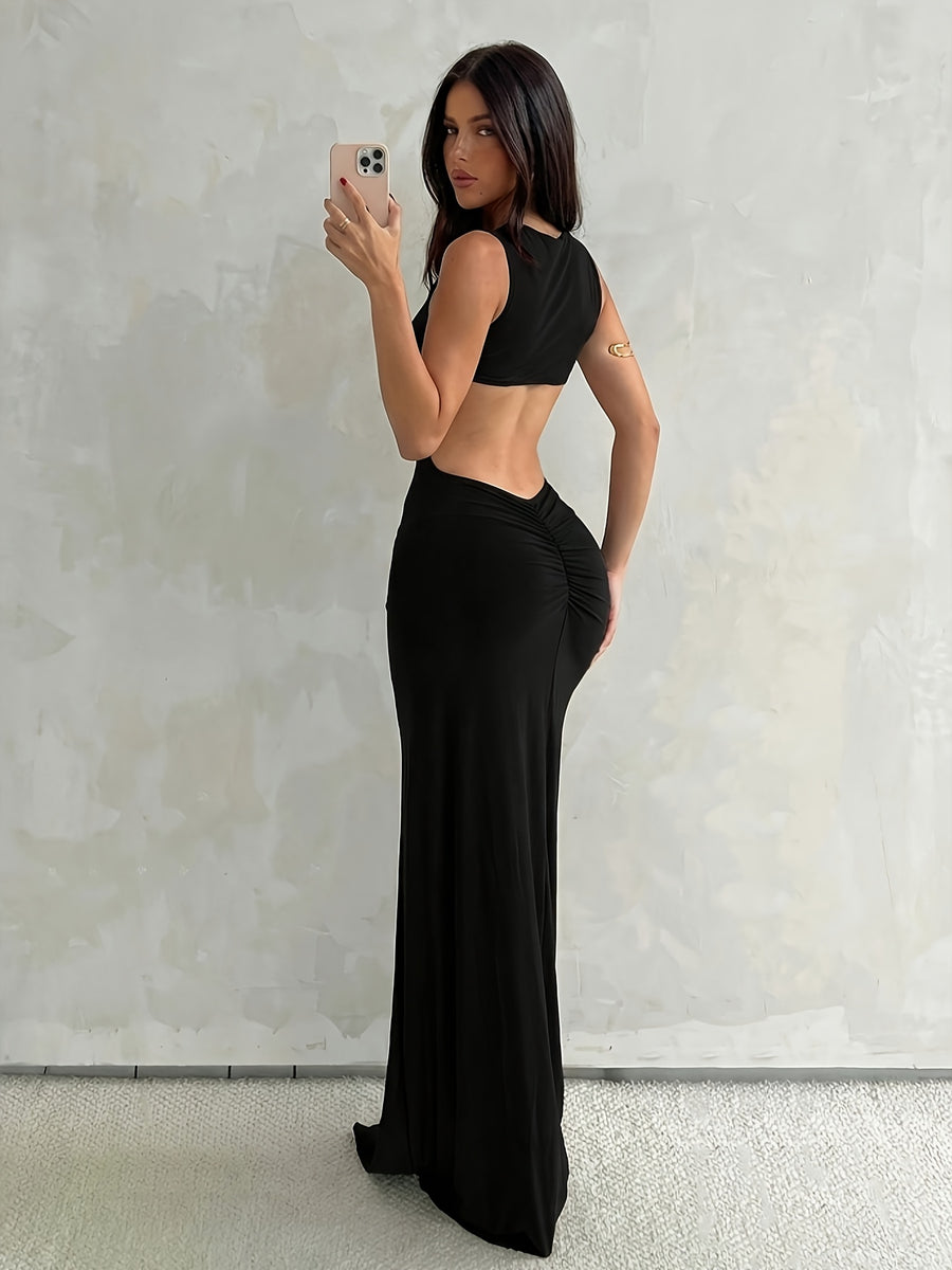 Elegant and Delicate Metallic Trimmed,, Sleeveless, Sexy Open-back Dress Perfect for Dates, Parties, or Casual Attire - Stylish, Classic, Solid Color, Long Dress - Black