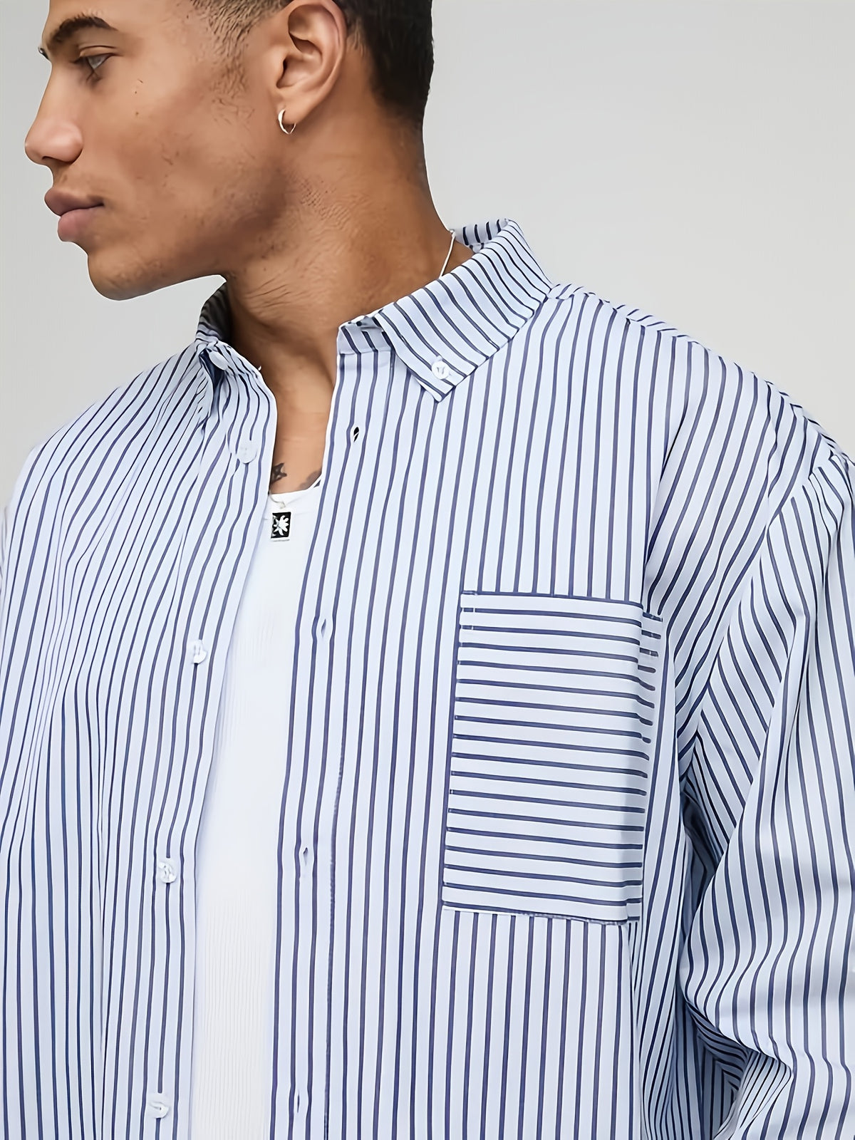 Men's Short Striped Casual Long-Sleeve Button- Shirt with Lapel, Suitable for Spring/Autumn Outings, Vacations, and Daily Wear, Men's Fashion Apparel - Grey
