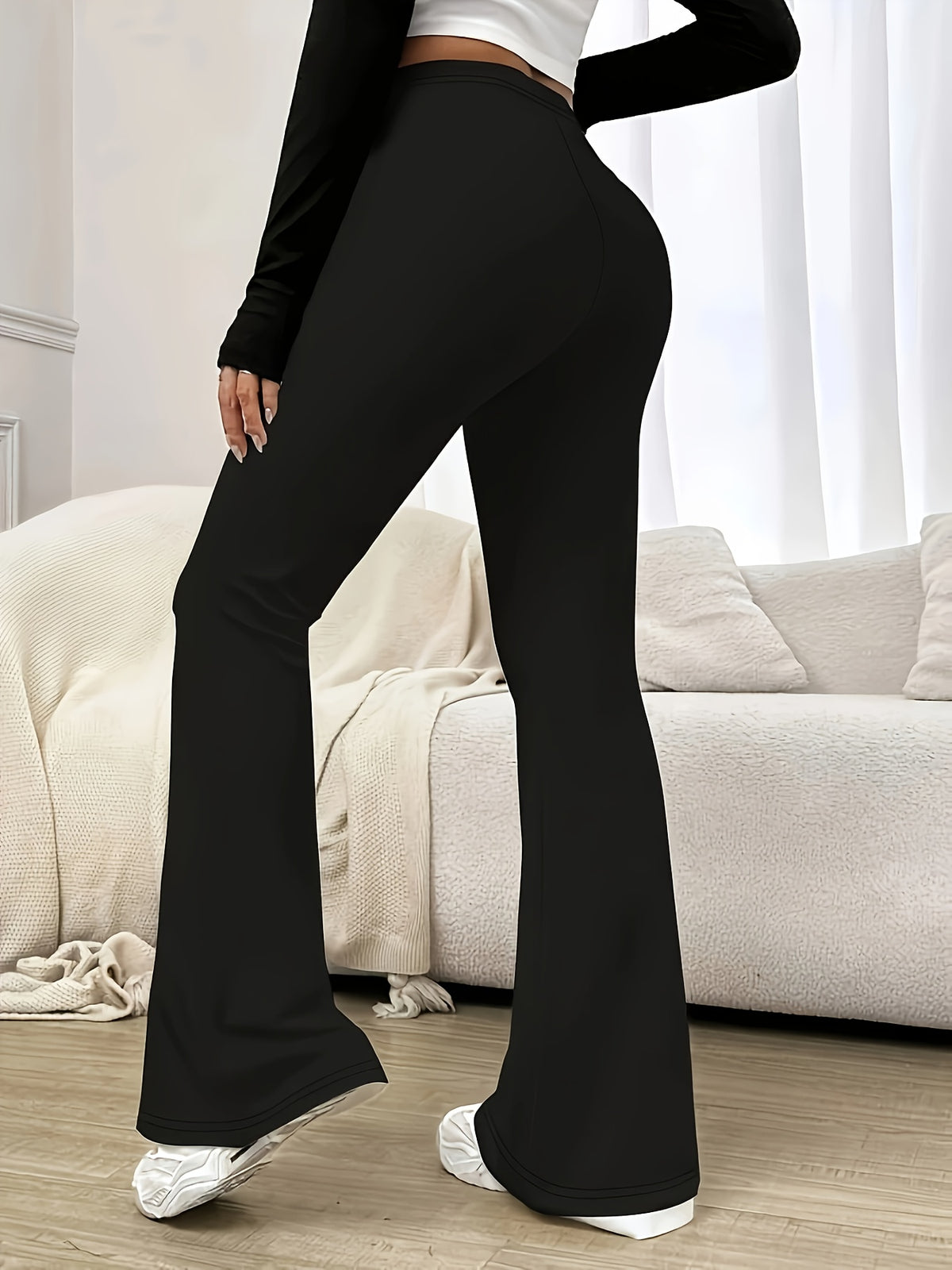 Solid-color High-waist Elegant Flared Pants for Women, Suitable for Daily Wear in All Seasons - Black