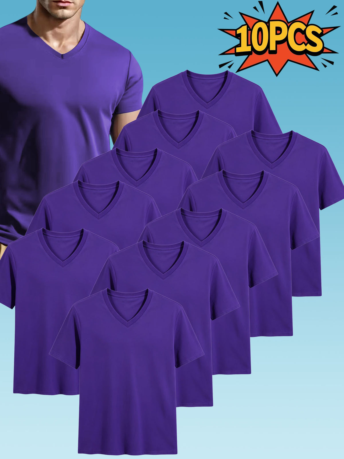 10pcs Men's Casual Knit Ribbed V-Neck T-Shirt / Soft and Comfortable Fabric / Short Sleeve / Solid Color / Crew Neck / Back-to-School Season, Casual Sporty Design Multi-pc Tops, Suitable for Summer Daily Wear - Purple 10pcs