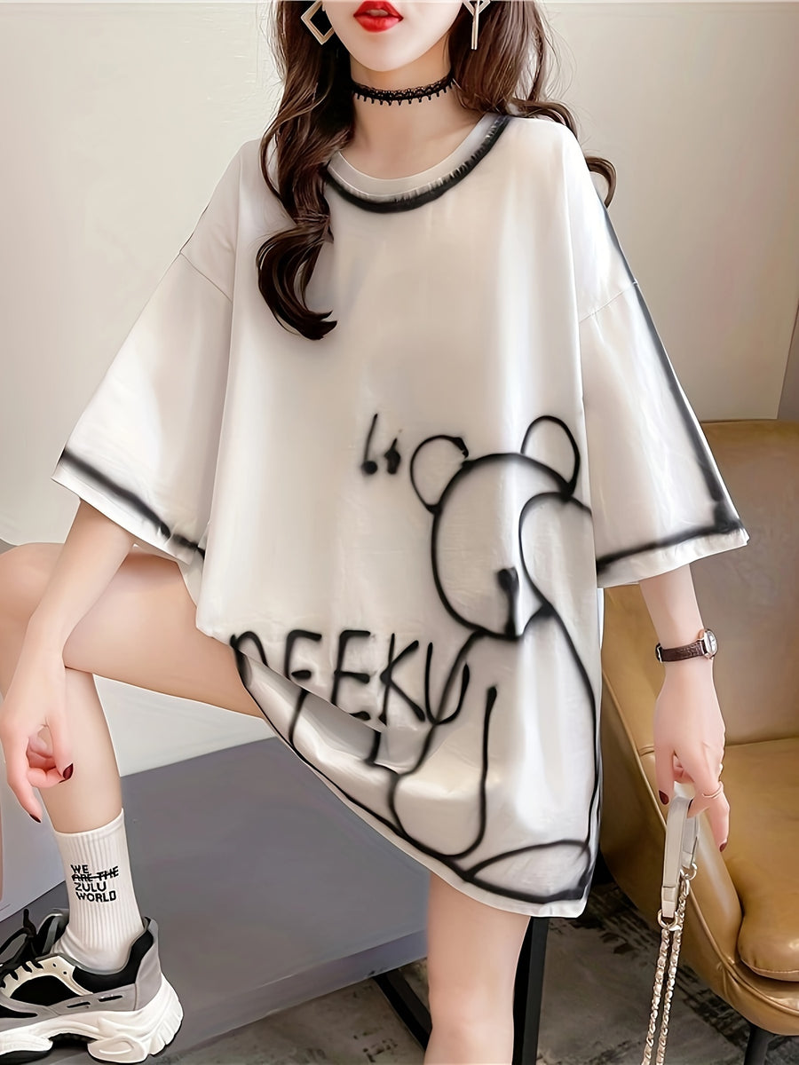 Summer New Large Size Loose Fashion Trend Slim Cartoon Round Neck Print Ladies Women'S Medium And Long Short-Sleeved T-Shirt Clothes - K77-W