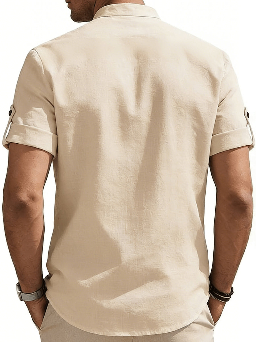 Men'S Short Sleeve Shirt, Stand Collar Half-Button Cuff with Roll-Up Sleeves, Business Casual Breathable Top - Apricot
