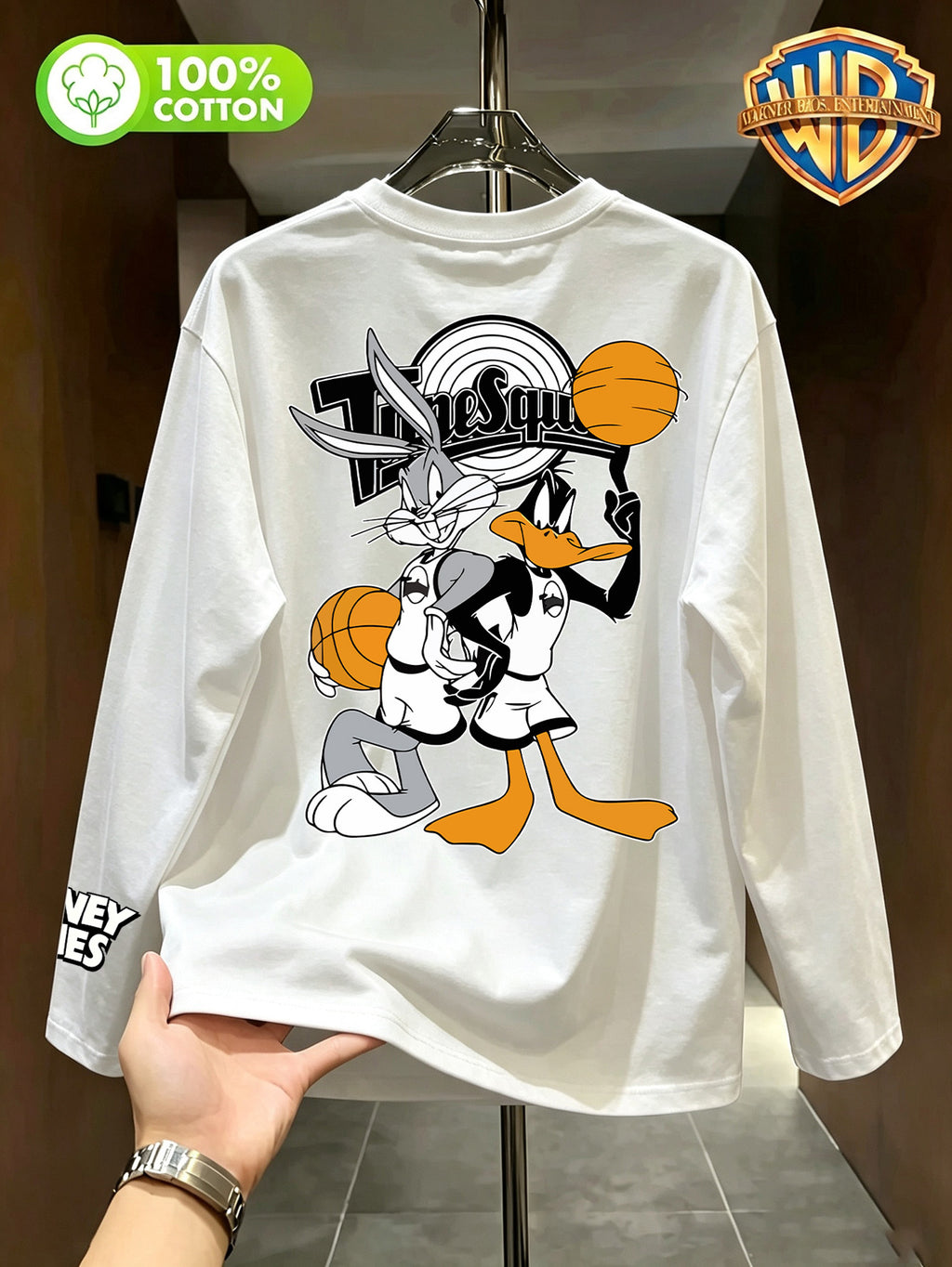 By Warner Bros., Printed 100% Pure Cotton T-shirt, Men's Comfortable and Versatile Loose Summer | Autumn | Winter Long Sleeved T-shirt, Suitable for Outdoor Sports, Gym and Multi-functional Sports Casual Loose Wear - White