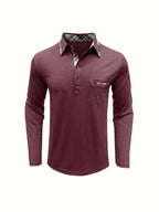 Spring and Autumn Fashion Men's Lapel Pocket Polo Shirt, Solid Color Casual Commuter Pocket Top - Red