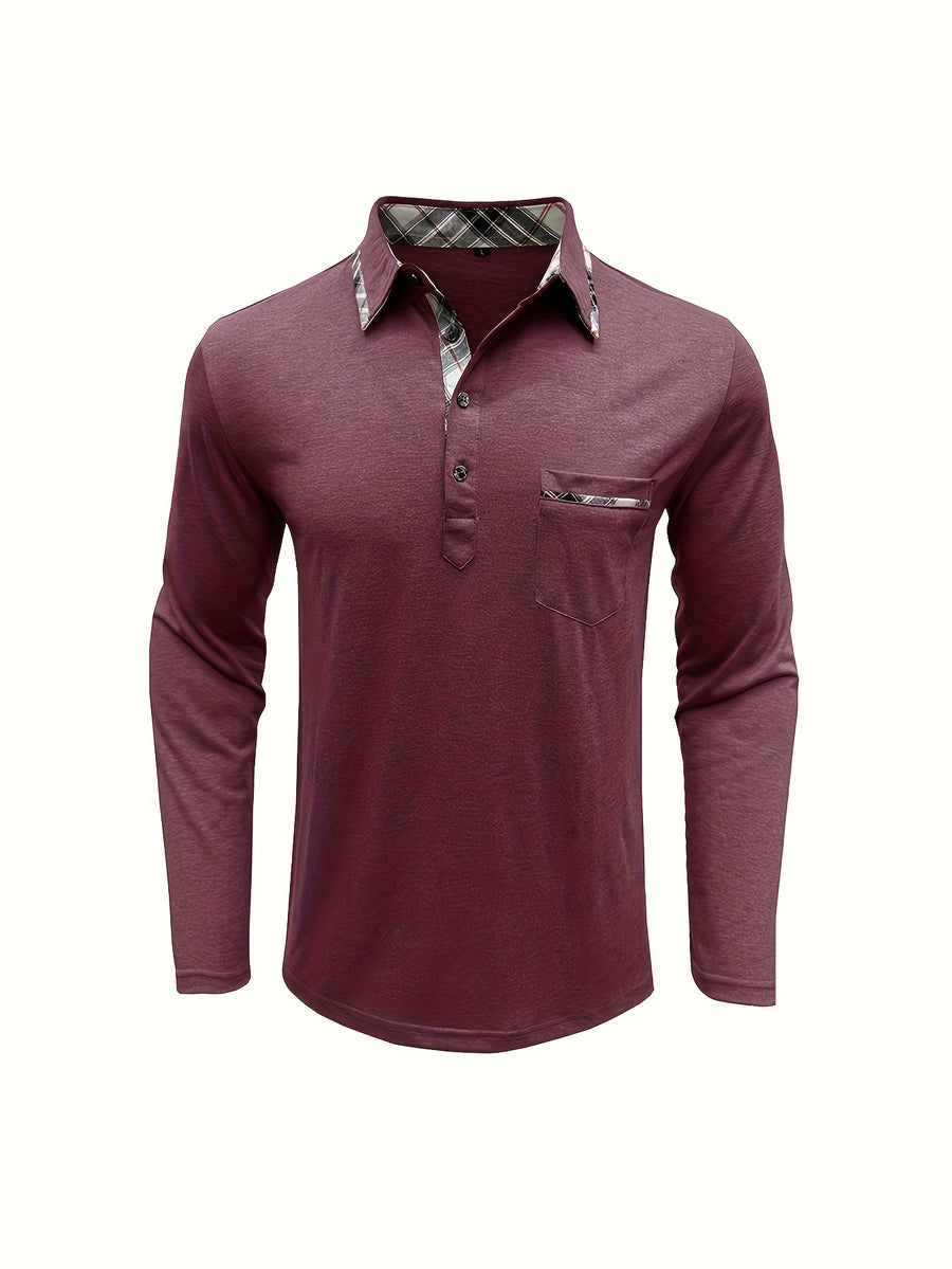 Spring and Autumn Fashion Men's Lapel Pocket Polo Shirt, Solid Color Casual Commuter Pocket Top - Red