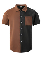 Men'S Waffle Knit Color-Block Shirt, Short Sleeve Button-Up Casual Top with Pockets, Fashionable Summer Beach And Casual Wear Men'S Clothing - Black