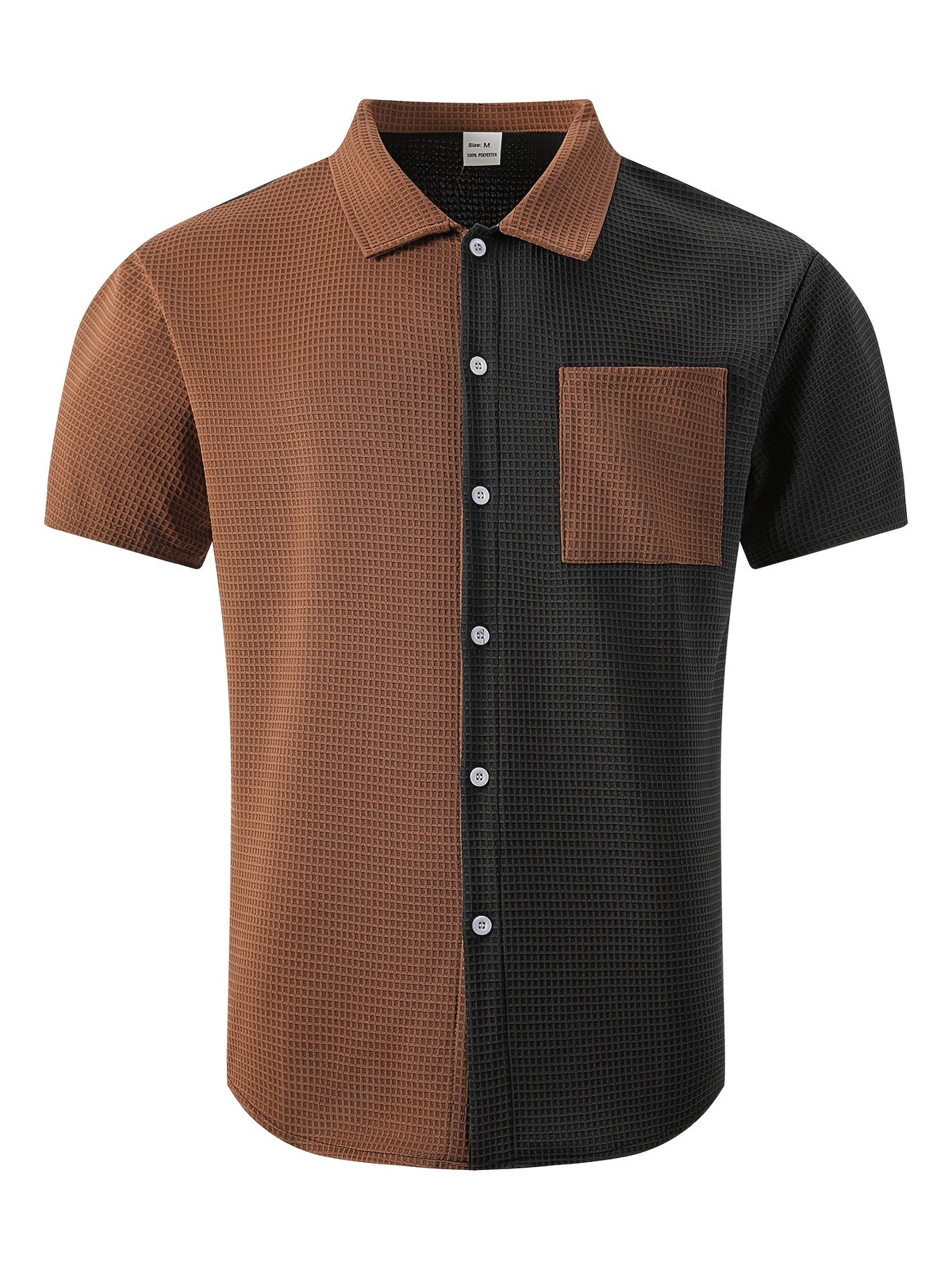 Men'S Waffle Knit Color-Block Shirt, Short Sleeve Button-Up Casual Top with Pockets, Fashionable Summer Beach And Casual Wear Men'S Clothing - Black