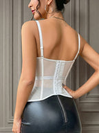 Women's Fashion Brown Mesh Panel Off-Shoulder Strapless Top, Sexy Backless Multi-Row Button Bodysuit, Fishbone Cup Corset Bustier, Adjustable Straps, Breathable Mesh Fabric, Built-in Bra, Curved Hem, Elastic Waistband for Waist Definition, Suitable - White