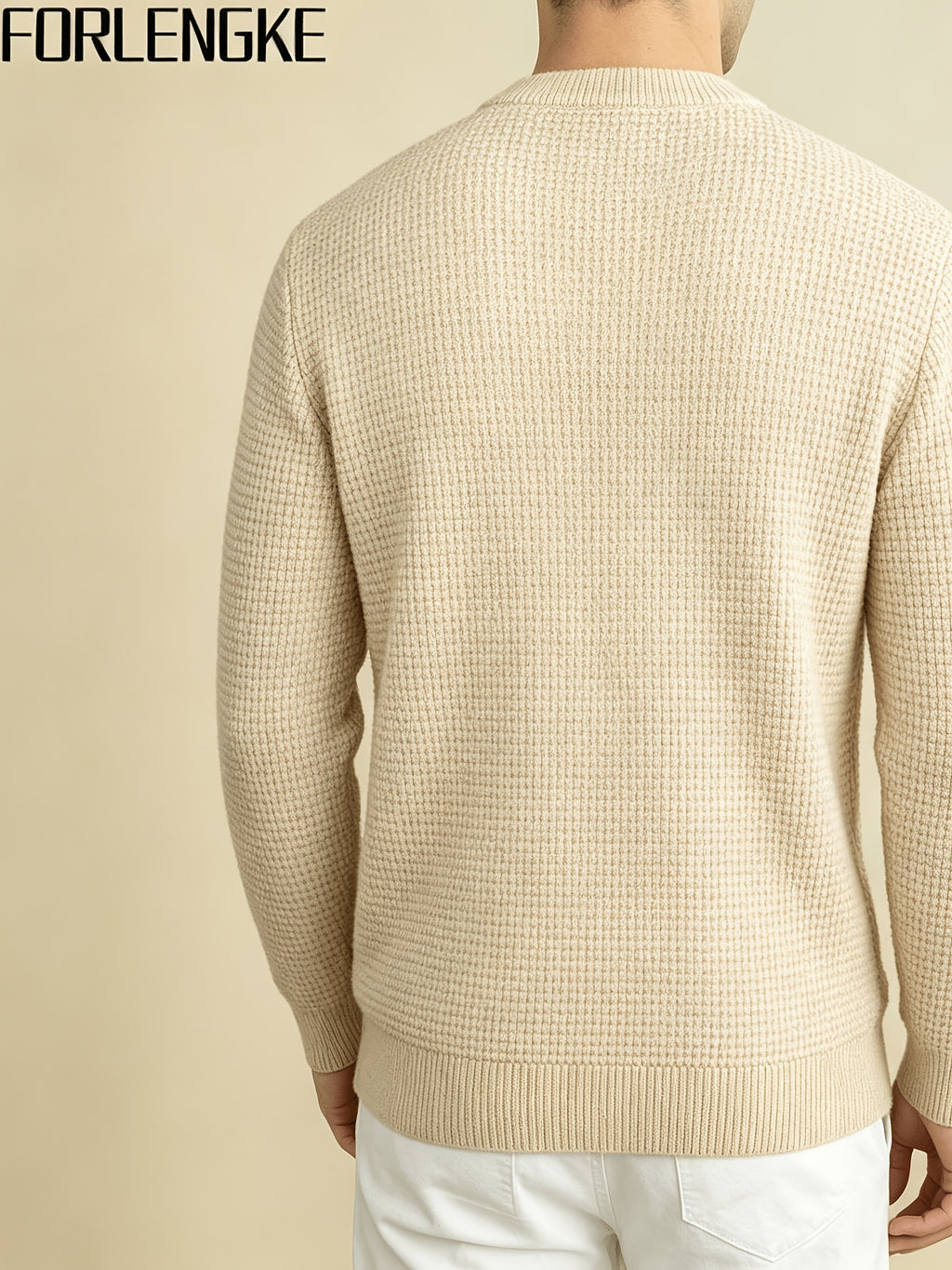 FORLENGKE Men's Button-Front Henry Collar Sweater - Stretch Knit Button Placket Pullover, Cable & Waffle Texture Long Sleeve Round Neck Sweater Suitable for Layering, Winter Warmth, Casual Outfits, Dates, Parties (Solid Color) - Apricot