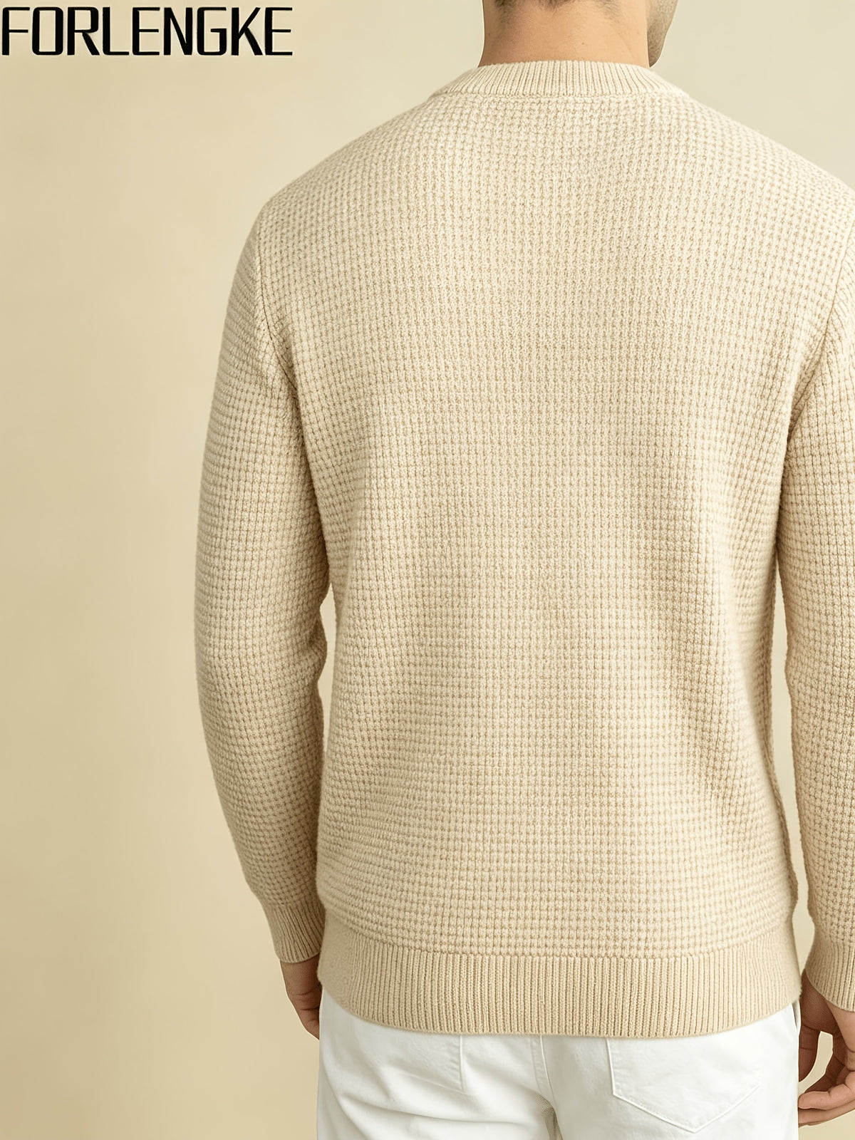 FORLENGKE Men's Button-Front Henry Collar Sweater - Stretch Knit Button Placket Pullover, Cable & Waffle Texture Long Sleeve Round Neck Sweater Suitable for Layering, Winter Warmth, Casual Outfits, Dates, Parties (Solid Color) - Apricot