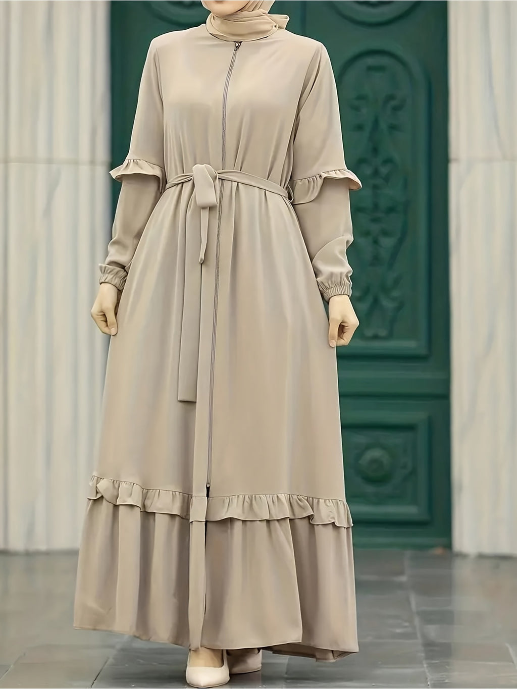 Soft Dress with a Zip Front And Ruffle Details for Ramadan, Featuring Elegant Long Sleeves And a Belted Waist, Designed for Women - Khaki