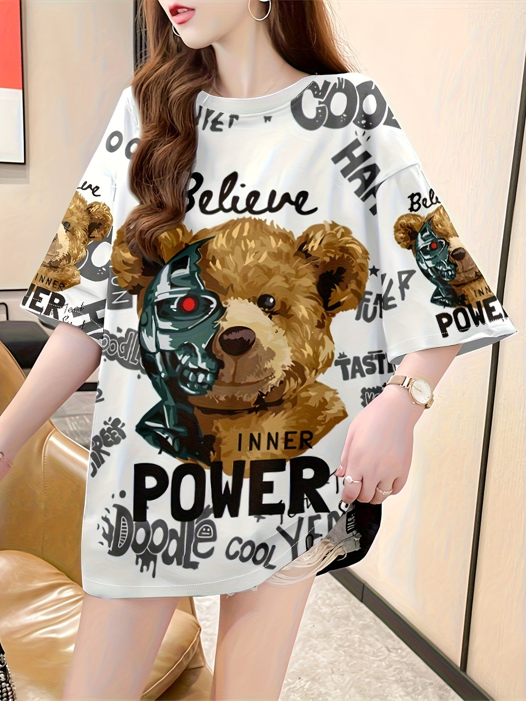 Women's Plus Size Oversized Graphic T-Shirt - Cute Cartoon Bear & Inspirational Text Print, Breathable Stretchy Fabric, Longline Casual Top for Spring Summer Fall, Bear T Shirt, Spring Fashion, Round Neckline, Nontransparent Material, Machine Washable - White