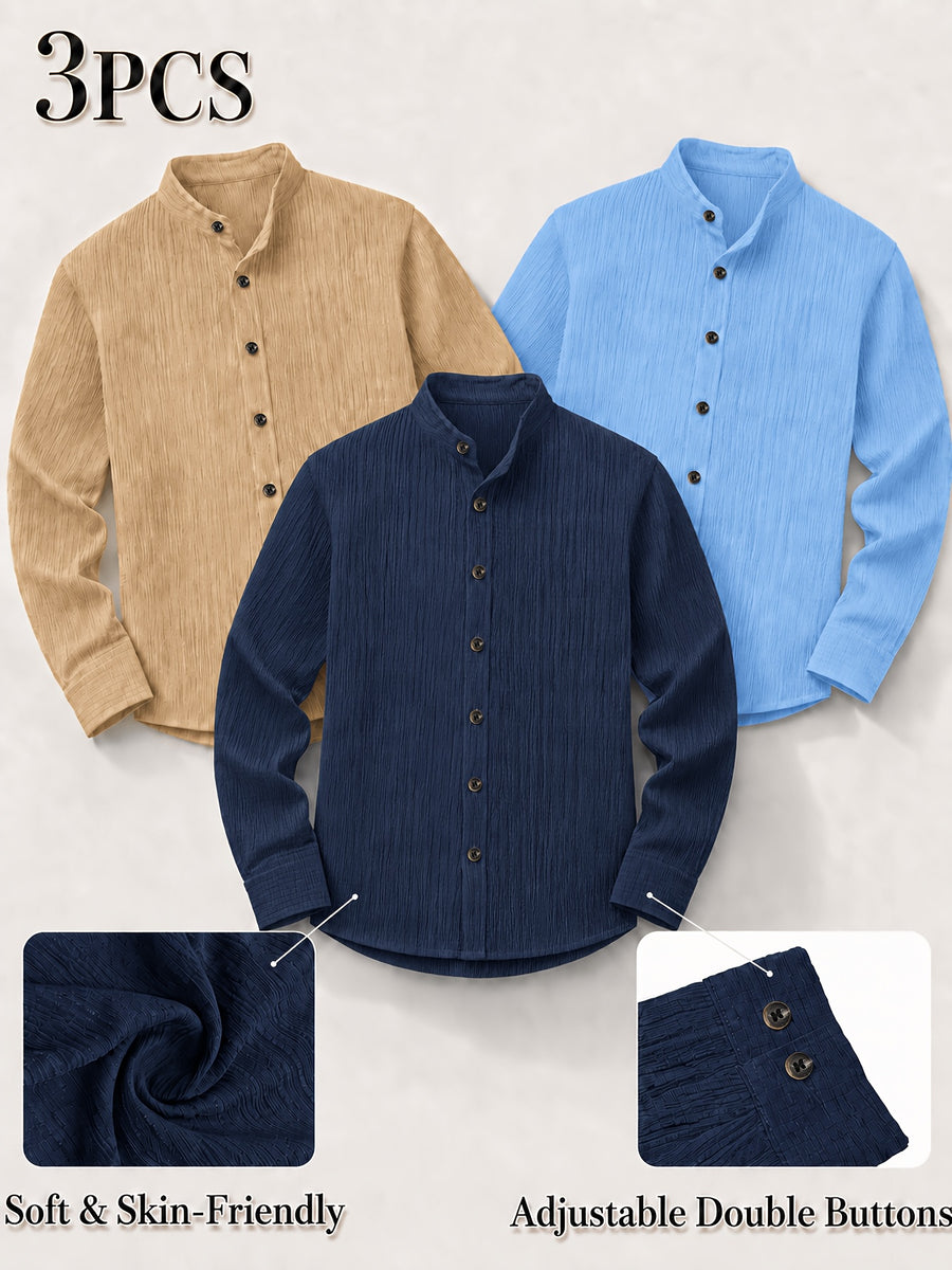 [Zhiyu'S OBM] 3pcs Men'S Long Sleeve Casual Shirt Set, Easy Solid Colors, Stand-Up Collar Design, Lightweight Breathable Fabric with Double-Button Adjustable Cuffs, Switch Between Loose And Tight Comfort, Perfect for Beach Vacations, Pool Parties - Navy Blue Light Blue Card