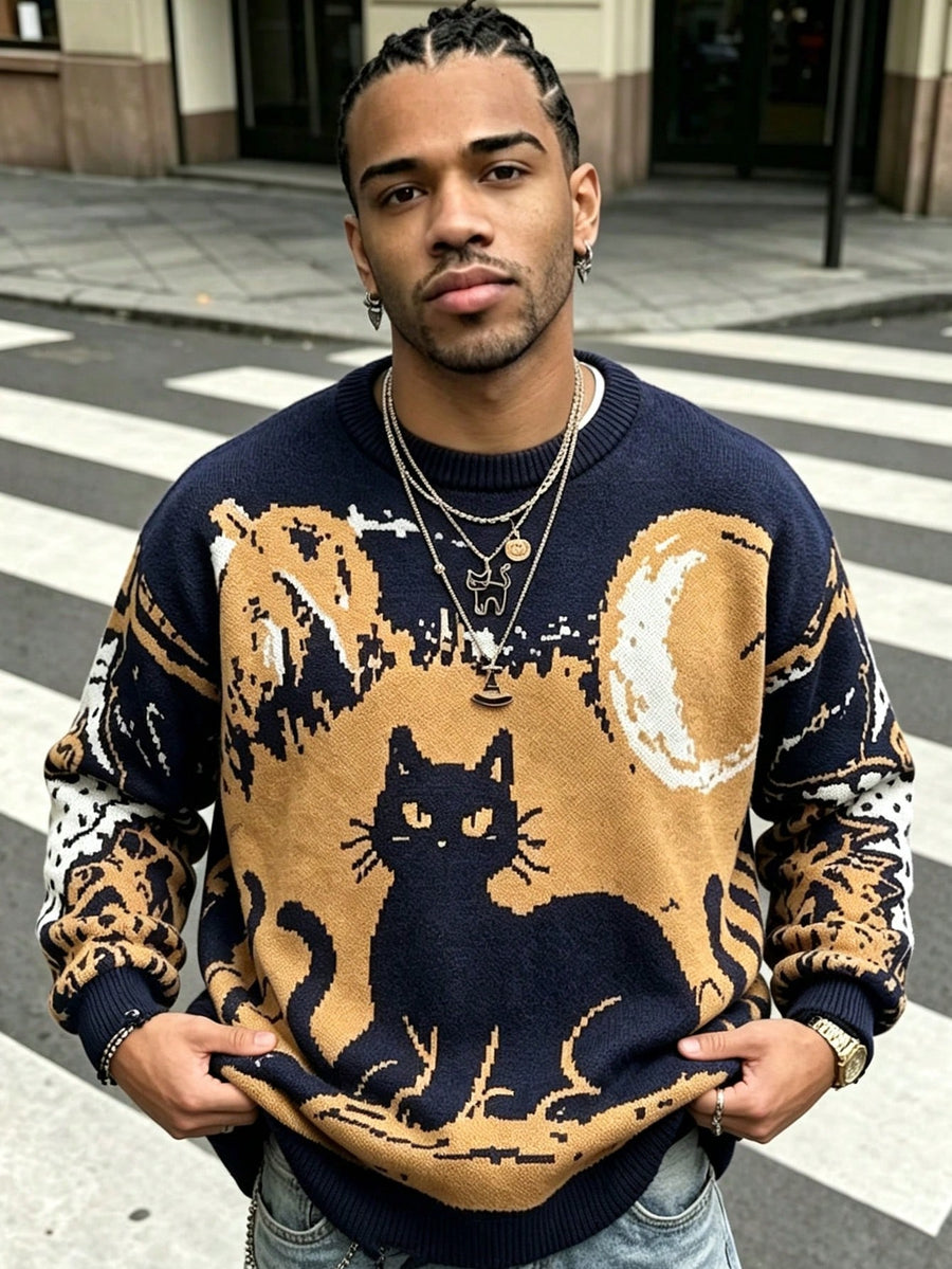 ANDREILEE Men's Cat-Themed Sweater with Tassel Trim - Loose Fit Ribbed Knit Sweater Suitable for Daily Commute & Home Wear, Cozy Crew Neck Long Sleeve Pullover, Fall Winter Warm Sweater for Casual Outfits, Hand Washable Cat Pattern Top - Blue