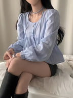 Women's Casual Spring/Summer Vintage Round Neck Loose Bubble Sleeve Long Sleeve Shirt Top - Light Blue