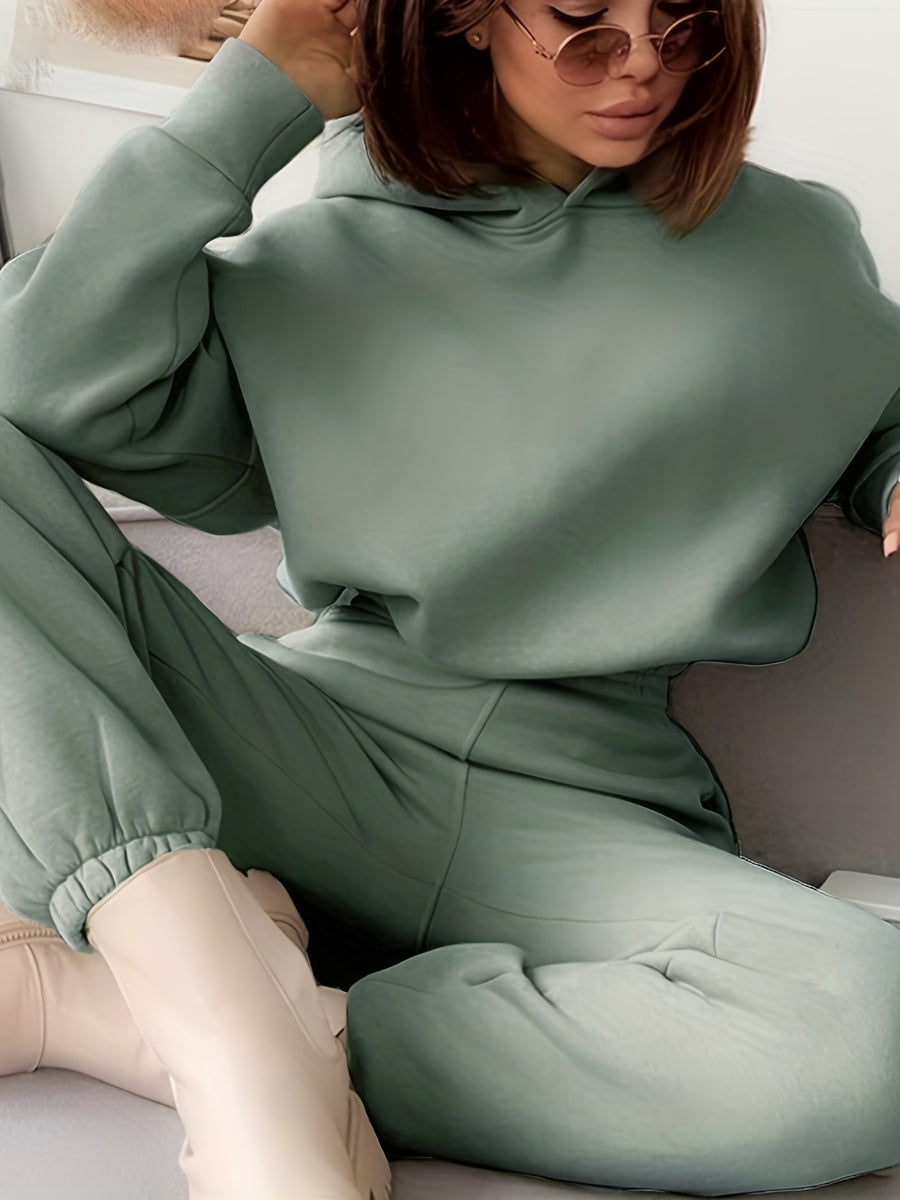 Women's Autumn/Winter New Hooded Sweatshirt Solid Color Set - Bean Green