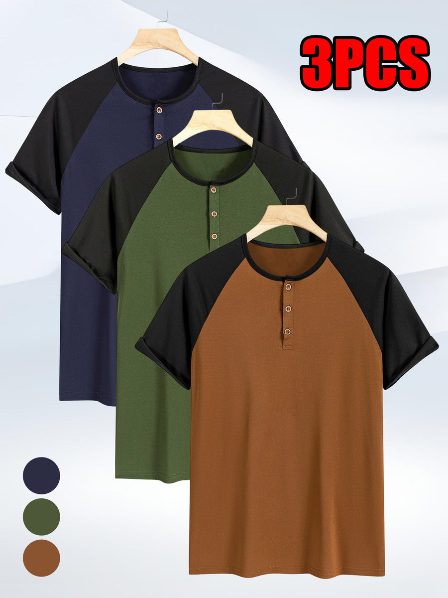 3pcs Pc (3pcs) Men's Summer Lightweight Short-Sleeve Polo Shirts - Quick-Dry Breathable Button-Front Collar Suitable for Casual, Golf, Commuting & Sports | Non-Pilling Round Neck Button Design, Machine Washable Solid Color Shirts - Navy blue + army green + brown