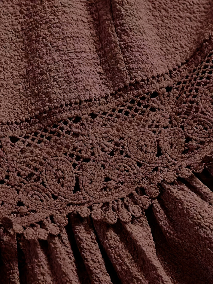 Elegant V-neck Lace-Trimmed Strap Dress | Solid Color, Contrast Lace Details, Suitable for Spring/Summer/Fall, for Adults - Coffee Brown