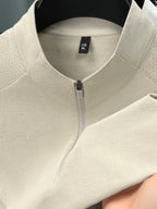 Men'S Summer Top T-Shirt, Half-Zipper Stand-Up Collar Design, Casual And Light Business Style, Adjustable Collar with Zipper, Balancing Ventilation And Styling; Mesh Shoulder Panel for Enhanced Breathability - Beige Apricot
