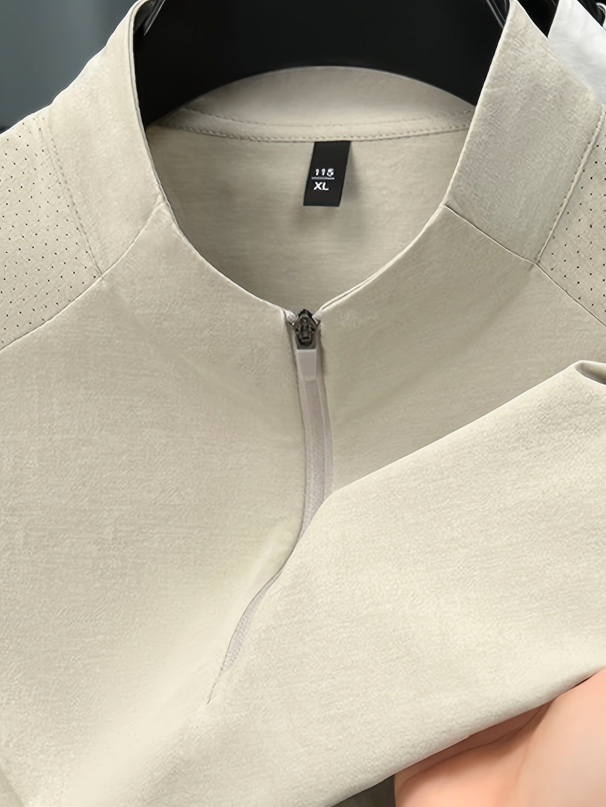 Men'S Summer Top T-Shirt, Half-Zipper Stand-Up Collar Design, Casual And Light Business Style, Adjustable Collar with Zipper, Balancing Ventilation And Styling; Mesh Shoulder Panel for Enhanced Breathability - Beige Apricot