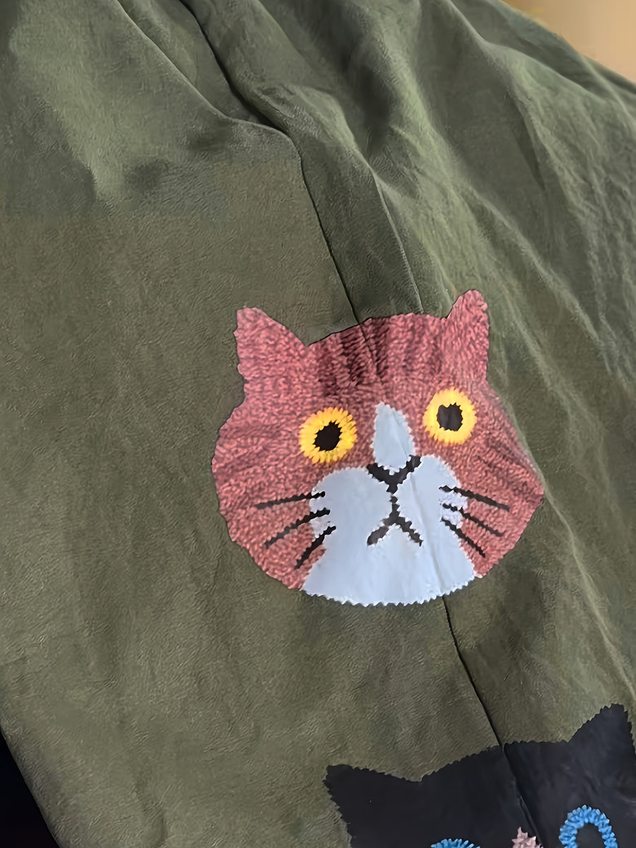 Women's New Pocket Decor Waist Drawstring Pants with Cat Print for Vacation and Daily Wear - Olive Green