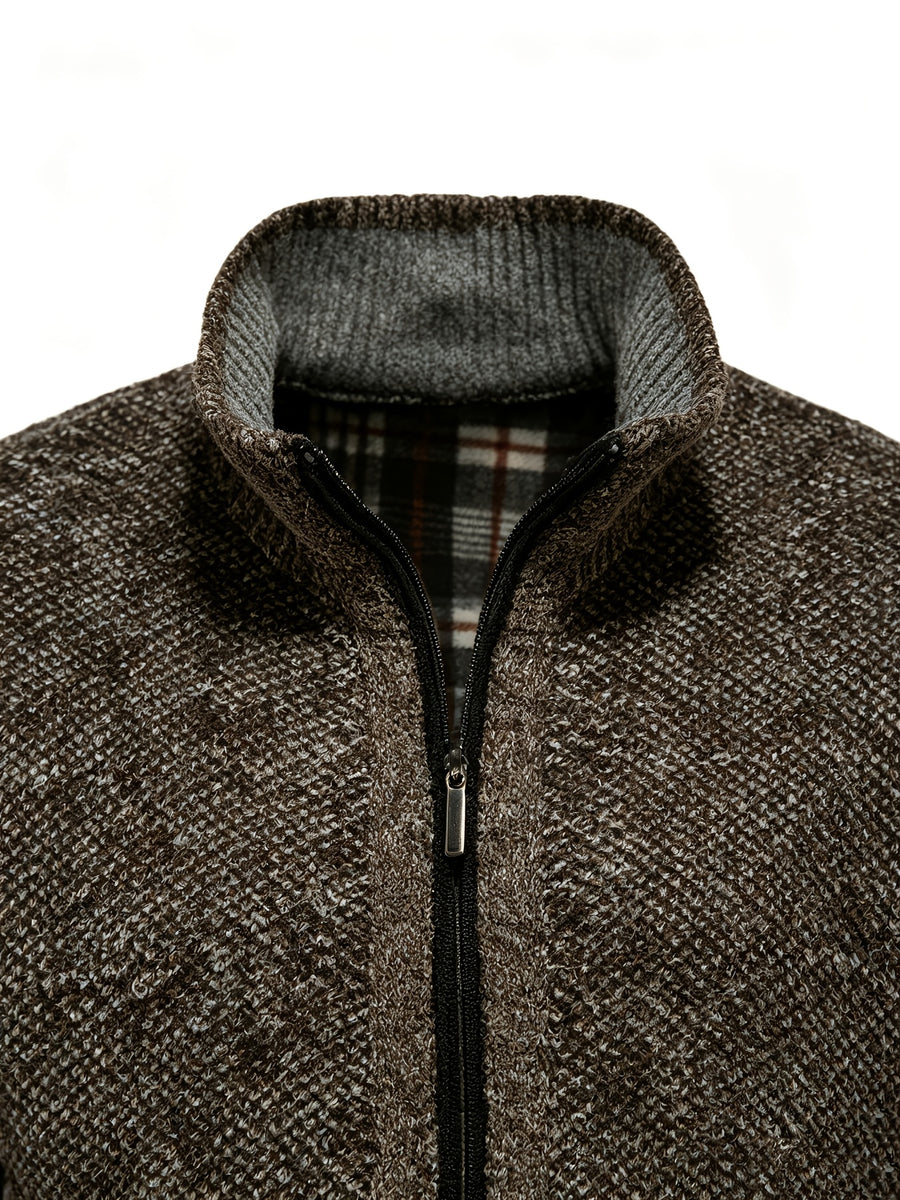 Men's Stand Collar Zip Up Knitted Cardigan Jacket, Casual Business Long Sleeve Sweater Coat with Pockets, Fall Winter Thick Warm Knit Outerwear for Men - Khaki