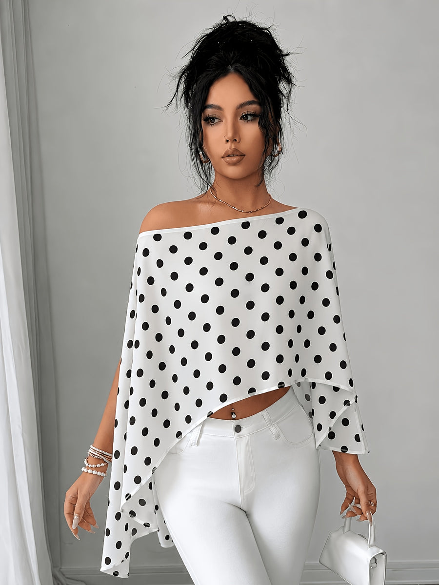 Women'S Elegant Fashion Polka Dot Print Casual Multi-Functional Asymmetrical Ruffled Collar Shirt, Casual Wear, Date, Party, Spring/Summer Polka Dot Top, White Polka Dot Top, Cute Cut-Out Off-Shoulder Top - White Dots