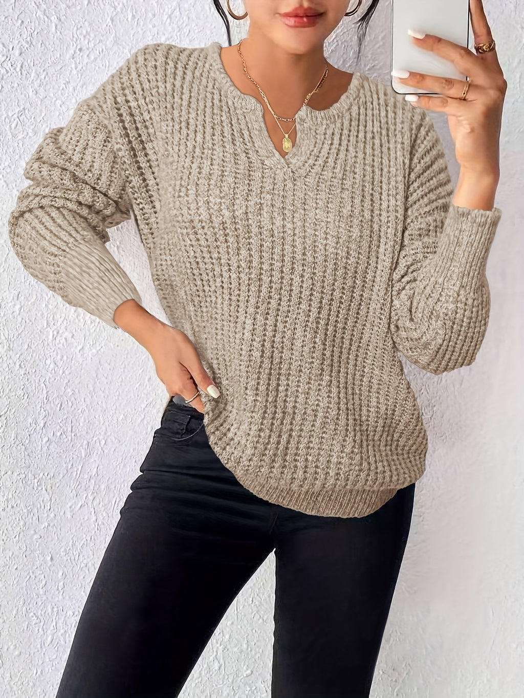 Women'S Casual Versatile Long Sleeve Sweater, Neckline Design - Multi-Functional Top, Suitable for Autumn Winter Casual Wear, All Seasons - Apricot