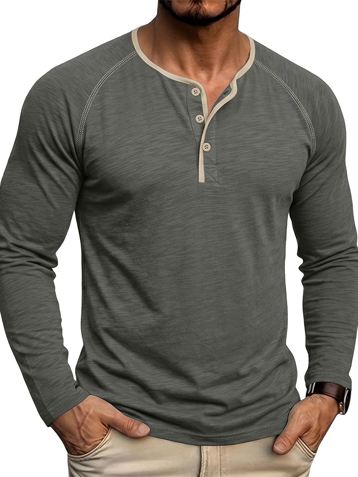 Autumn Winter Men'S Henley Shirt, Fashion Casual New Long Sleeve Men'S Top, Round Neck Button-Up Base Layer T-Shirt - Dark Gray