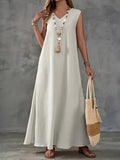 Women's Elegant V-Neck Sleeveless Maxi Dress - A-Line Lightweight Polyester Solid Color Machine Washable Spring Summer Casual & Formal Wear, Casual Summer Dresses, Sophisticated Style, Flowy Fabric, Daytime Wear, Breathable Material, Adult Clothing - Khaki