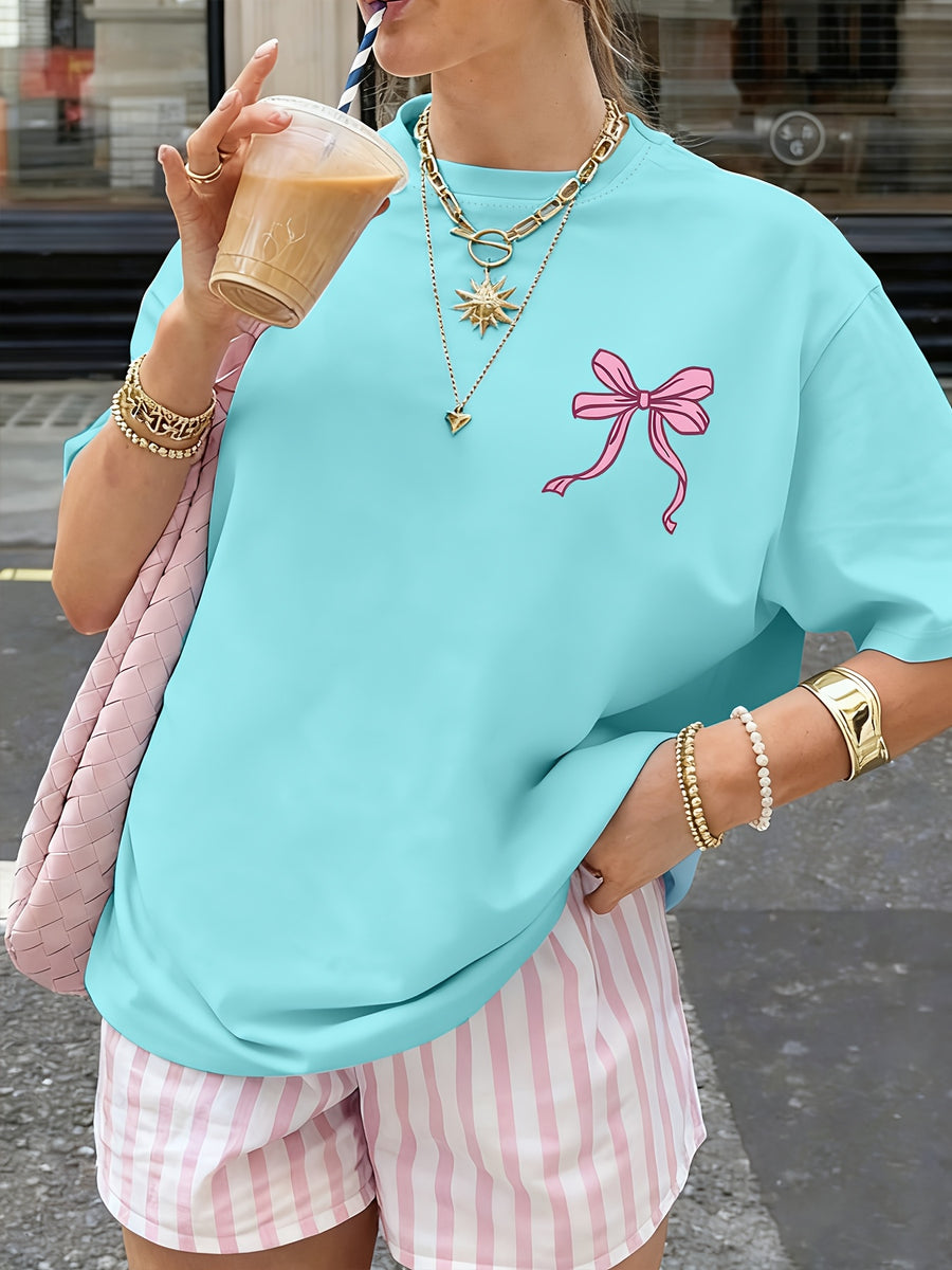 2026 Fashion New Women'S Round Neck Cute Bow Art Letter Print Trendy Summer Cool Short Sleeve Summer Casual T-Shirt Double-Sided Print - Sky Blue