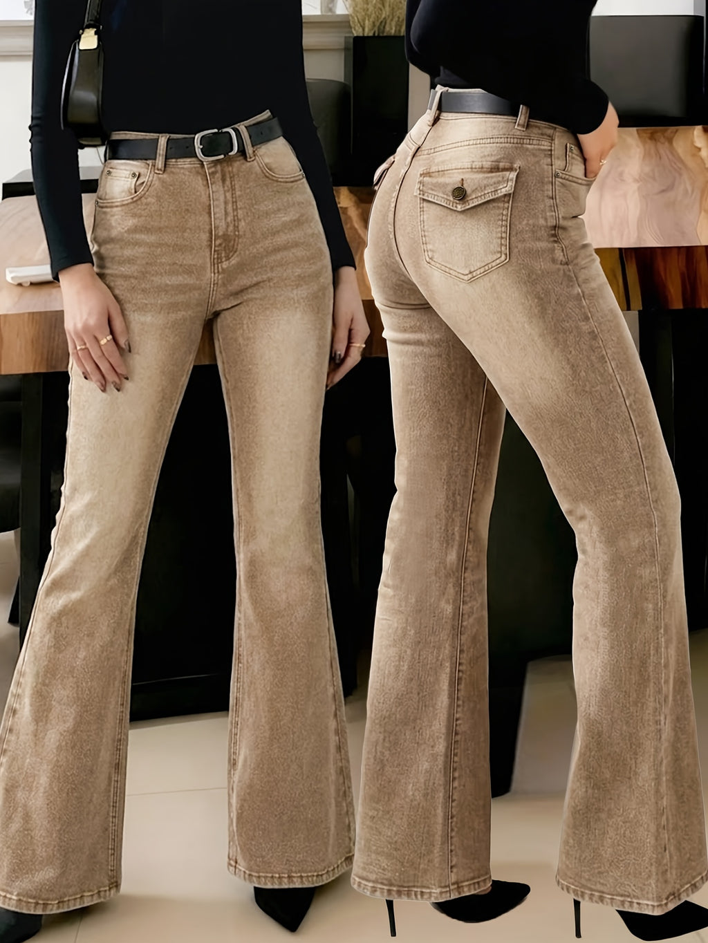 Women'S Y2K Solid-Color Washed Denim Retro Flare Pants - Form-Fitting, -Lifting, Versatile Street-Style & Commuter Jeans (Suitable for All Seasons) - Khaki