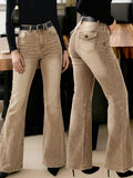 Women'S Y2K Solid-Color Washed Denim Retro Flare Pants - Form-Fitting, -Lifting, Versatile Street-Style & Commuter Jeans (Suitable for All Seasons) - Khaki
