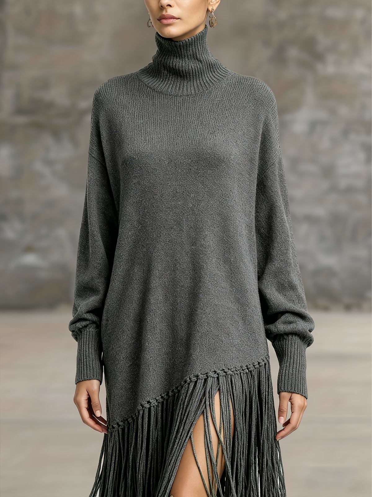 Women's Autumn New Arrival Bohemian Elegant Fringe Patchwork Hem Design St. Patrick's Day Natural Style Easter Atmosphere Vacation Knee-Length Dress - Dark Gray