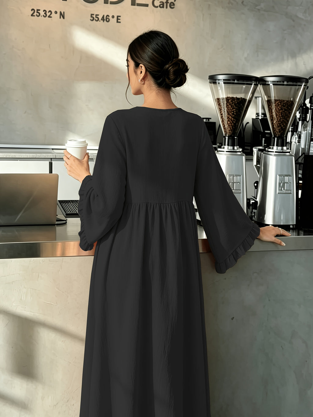 Round Neck Long Dress with Ruffled Flared Wide Sleeves, Soft Lightweight Breathable Fabric Loose Swing Style Dress for Women Daily Home And Outdoor Casual Matching - Black