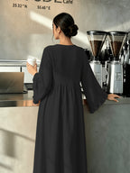 Round Neck Long Dress with Ruffled Flared Wide Sleeves, Soft Lightweight Breathable Fabric Loose Swing Style Dress for Women Daily Home And Outdoor Casual Matching - Black