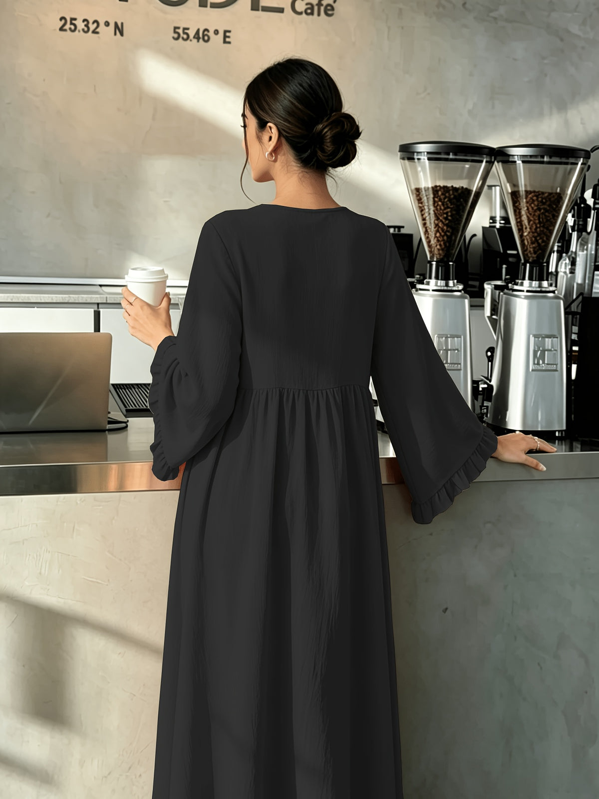 Round Neck Long Dress with Ruffled Flared Wide Sleeves, Soft Lightweight Breathable Fabric Loose Swing Style Dress for Women Daily Home And Outdoor Casual Matching - Black