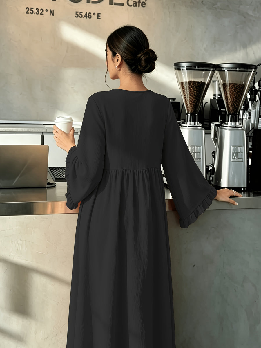 Round Neck Long Dress with Ruffled Flared Wide Sleeves, Soft Lightweight Breathable Fabric Loose Swing Style Dress for Women Daily Home And Outdoor Casual Matching - Black