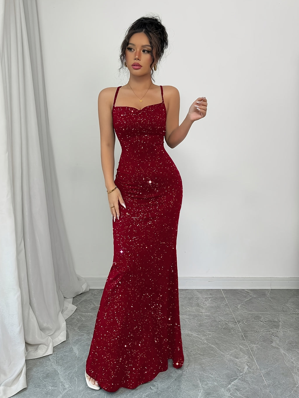 Elegant Red Bling Bling Backless Wedding Bridesmaid Dress - Off-Shoulder/ Neck Long Formal Dress with Lace-Up Back, Sleeveless Bodycon Party Dress Suitable for Prom, Christmas, Holiday Events - Burgundy
